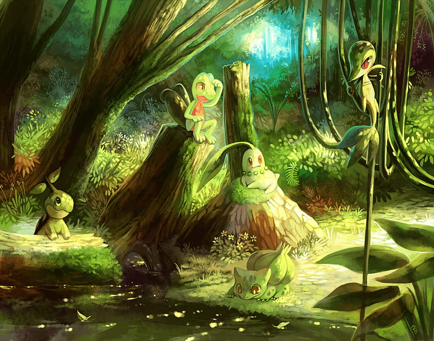 Anime Pokemon Pokémon Grass Pokémon Treecko Chikorita Snivy Turtwig, pokemon anime forest background HD wallpaper