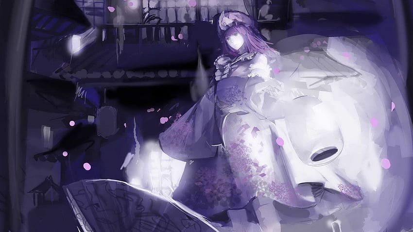 Video game Touhou ungu kimono lentera rambut ungu Saigyouji Yuyuko topi pakaian Jepang gadis anime arsitektur Jepang, anime jepang ungu Wallpaper HD