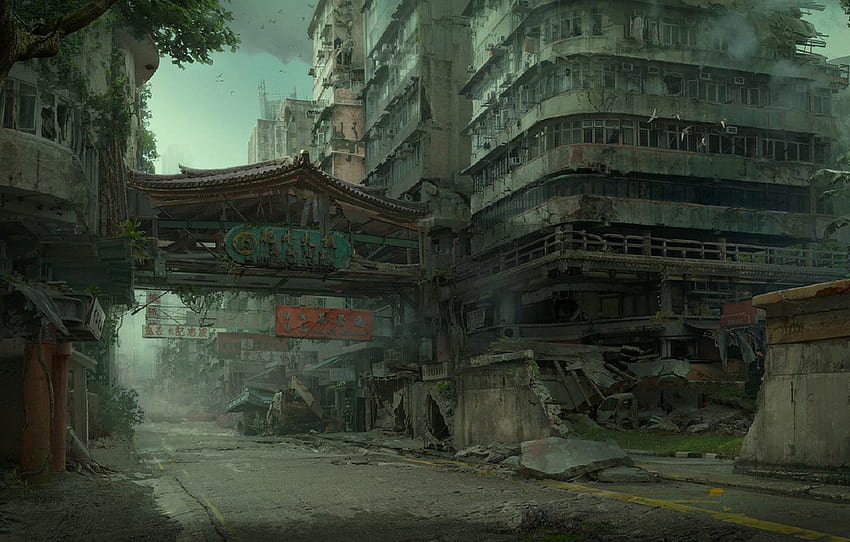 harabeler, kıyamet sonrası, Hong Kong, harap şehir, karanlıkta, ıssız şehir, kıyamet sonrası, terk edilmiş bölge, yıkılan binalar, yazan Daniel Romanovsky , bölüm фантастика HD duvar kağıdı