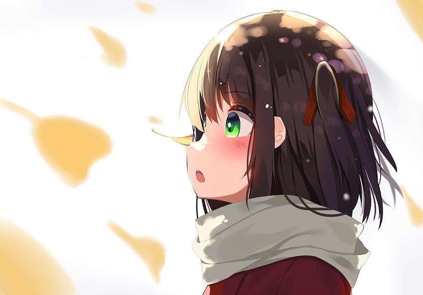autumn brown hair close green eyes leaves original ryu narb scarf, autumn brown anime HD wallpaper