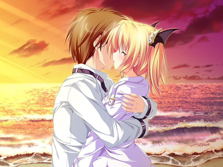 beach blonde hair clouds crying game cg hug kiss magus tale nina, kissing anime HD wallpaper