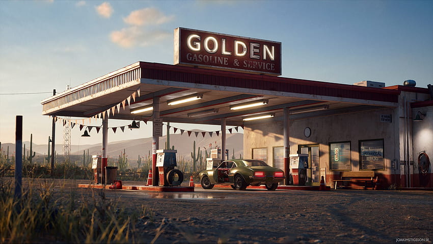 2560x1440 Golden Gasoline Desert Gas Station Resolusi 1440P Wallpaper HD