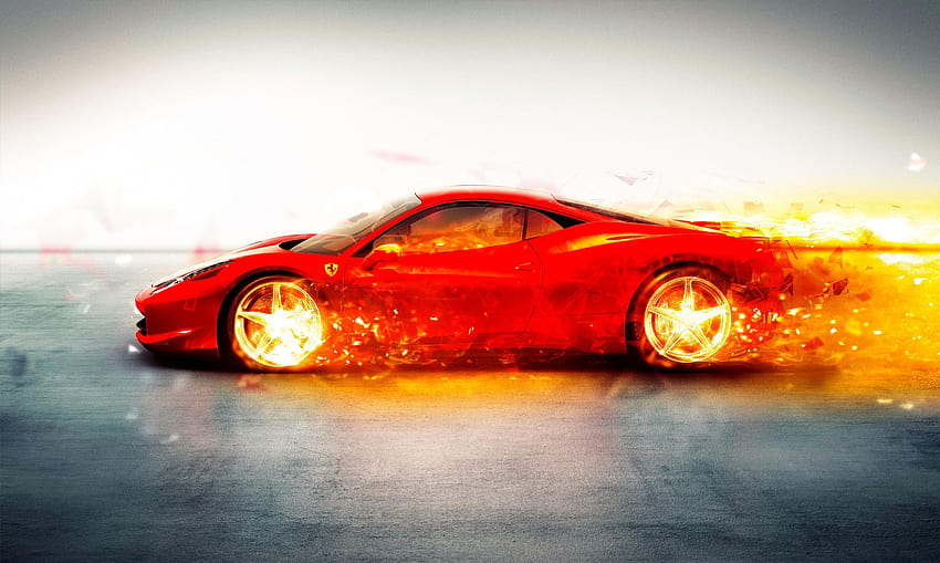 赤いスーパーカー、フェラーリ、車、火、デジタルアート、赤いフェラーリスポーツカー 高画質の壁紙