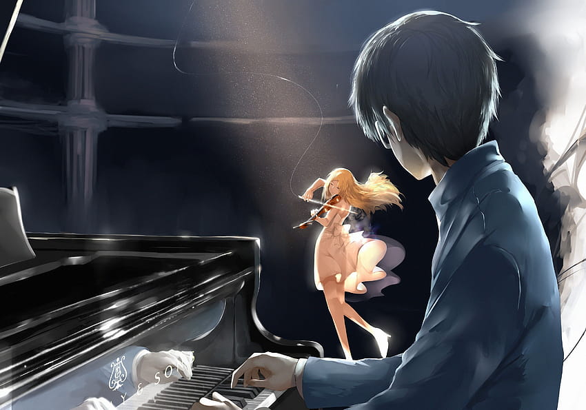 アニメ シリーズ カップル ピアノ バイオリン ブロンドの女の子、アニメ ピアノ 高画質の壁紙