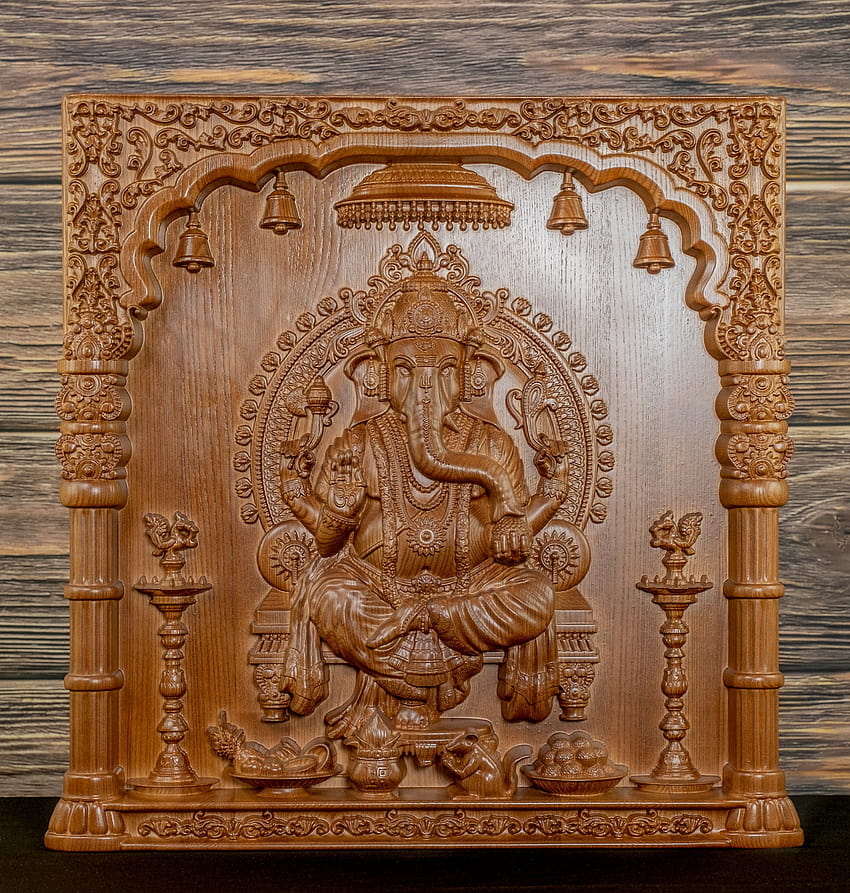 Sculpture sur bois de Lord Ganesh, sculptures sur bois hindoues, panneaux de bois hindous - JayArts, sculpture sur bois divine Fond d'écran de téléphone HD