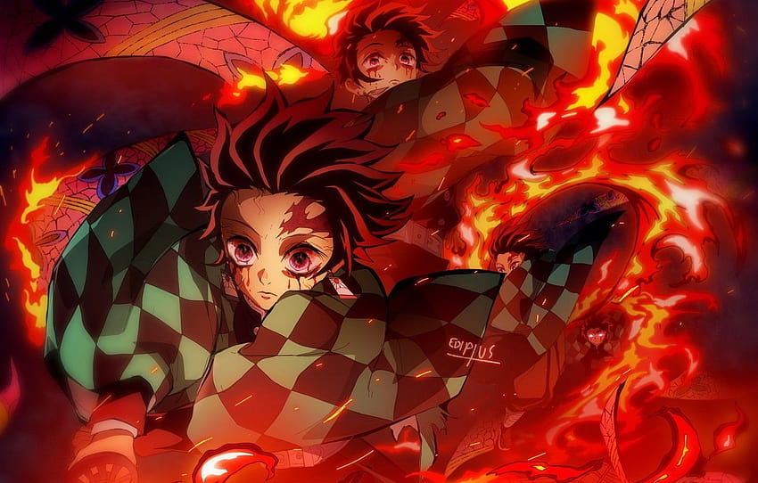 fire, blood, anime, art, guy, The Blade Cleaves Demons, demon slayer art HD wallpaper