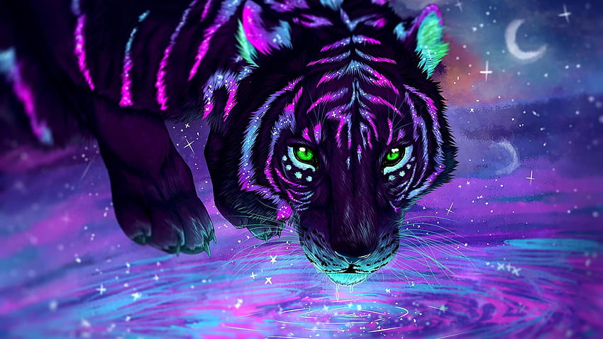 2560x1440 Tiger, Purple, Digital Art, Green Eyes, green and purple HD wallpaper