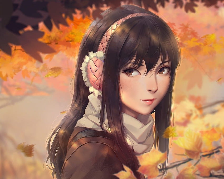 1280x1024 Anime Girl, Headphones, Scarf, Brown Hair, Autumn, anime girl autumn HD wallpaper