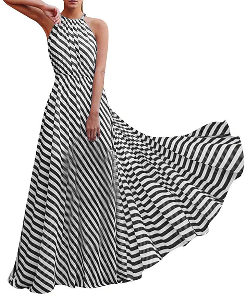Gaun Maxi Wanita, Halter Tak Berlengan Garis-Garis Longgar Ayunan Kasual Long Dress di toko Pakaian Wanita Amazon wallpaper ponsel HD