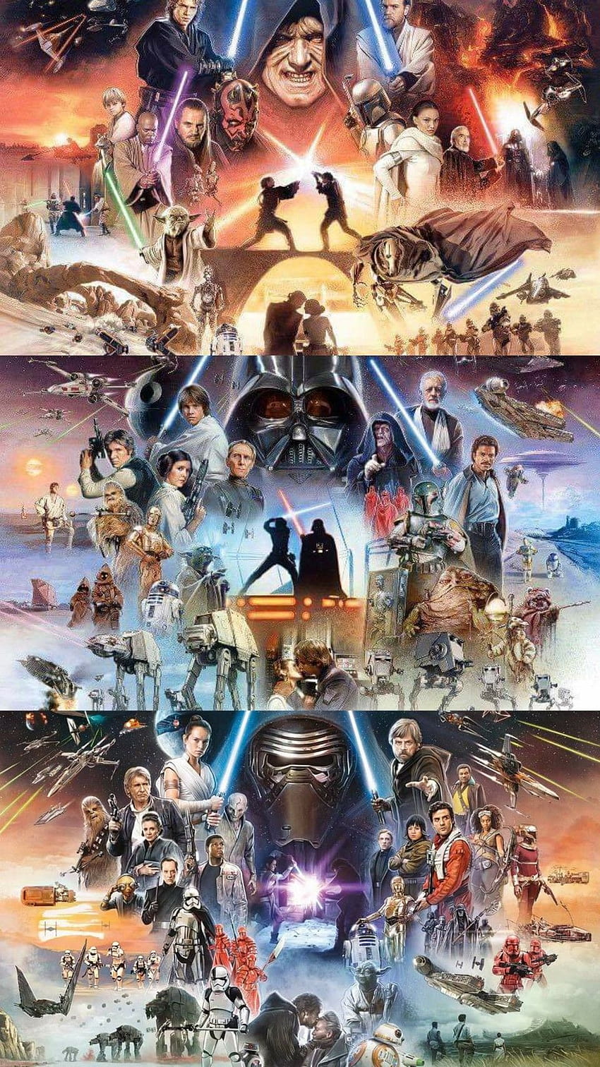 Die ursprüngliche Trilogie. Die Prequel-Trilogie. Die Sequel-Trilogie. Die Star Wars-Saga. im Jahr 2020 Charaktere der Star Wars Sequel-Trilogie HD-Handy-Hintergrundbild