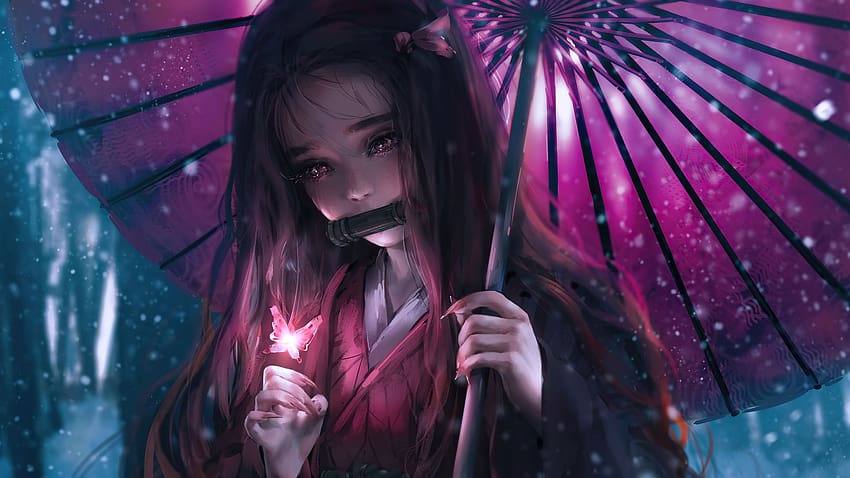 kamado nezuko, paraguas, niña fondo de pantalla