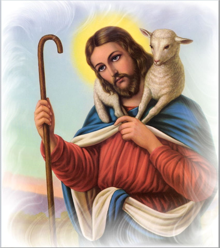 Malerei Jesus mit Lamm, Jesus mit Schafen HD-Handy-Hintergrundbild