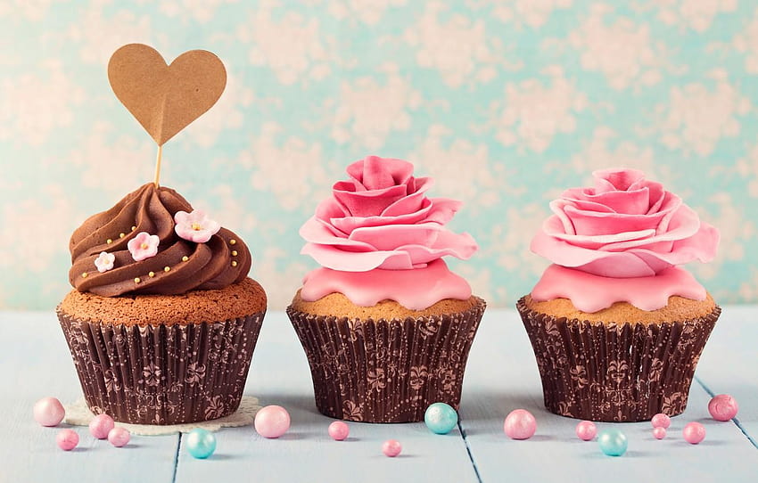 doces, três, coração, dia dos namorados, creme, bolos, cupcakes do dia dos namorados papel de parede HD