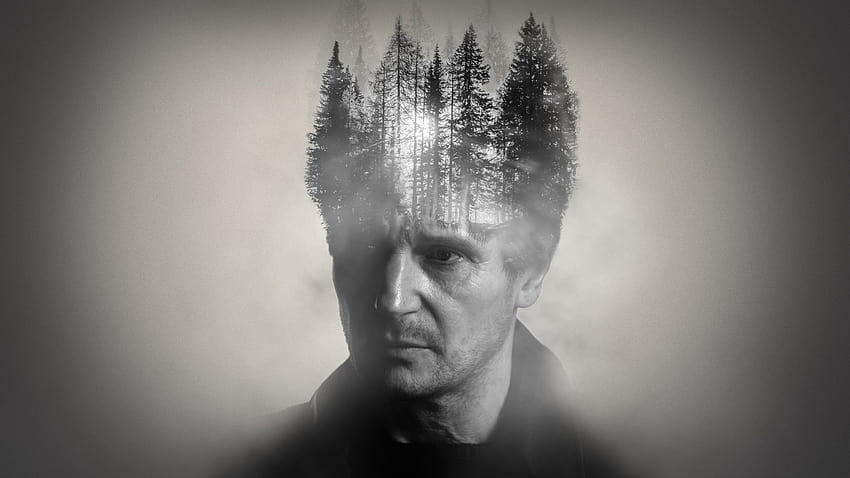 : twarz, las, podwójna ekspozycja, głowa, Liam Neeson, piękno, ręka, wykres, ciemność, mądry, czarno-biały, grafika monochromatyczna, grafika portretowa, zbliżenie 1920x1080 Tapeta HD