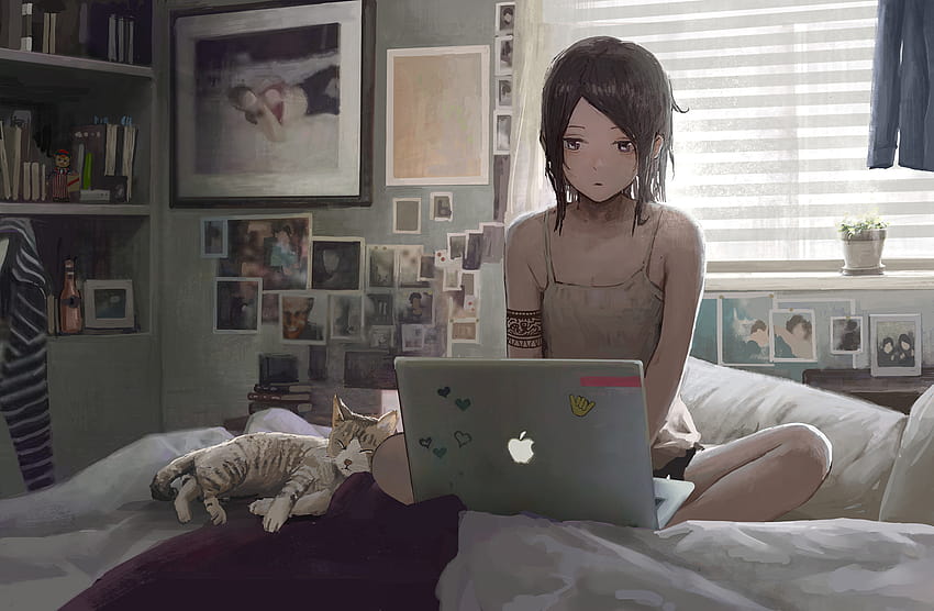 Frauen Anime Mädchen Brünette Katzen Mac Buch Bett Digitale Kunst Kunstwerk Laptop Schlafzimmer Tattoo Original Char, Anime Mädchen Bett HD-Hintergrundbild