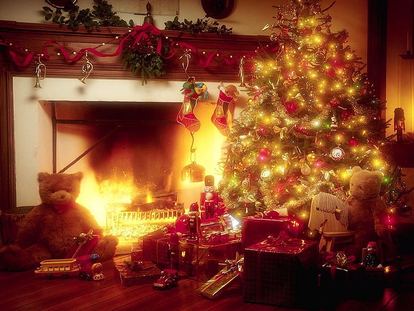 Winter Cozy Christmas Fireplace, fireplace scene computer HD wallpaper
