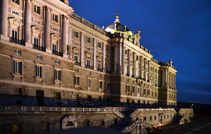 the sky, night, lights, Spain, Palace, Madrid for, royal palace of madrid HD wallpaper