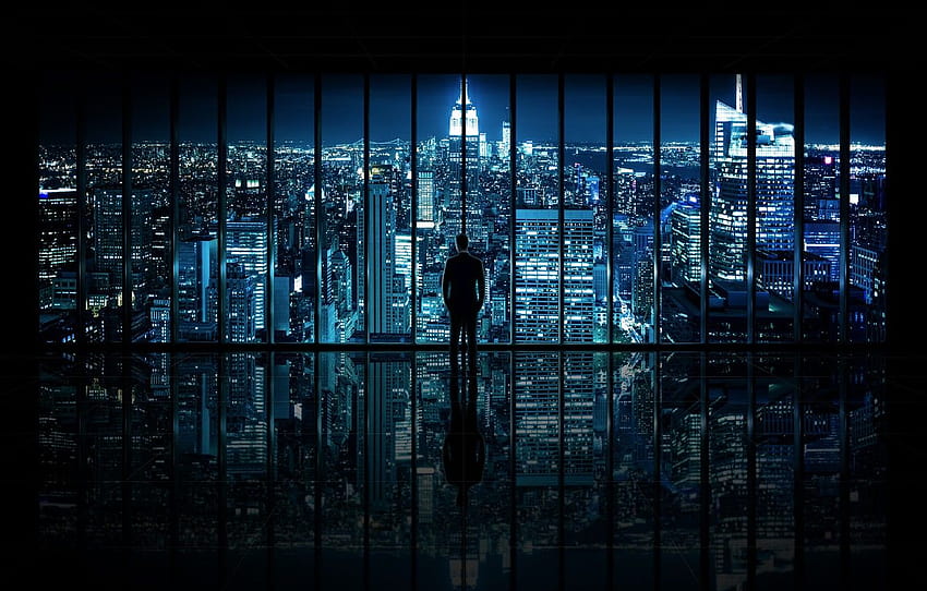 gece, şehir, görünüm, pencere, erkek, Kara Şövalye, New York City, Window to Gotham City , bölüm город, pencere görünümü HD duvar kağıdı