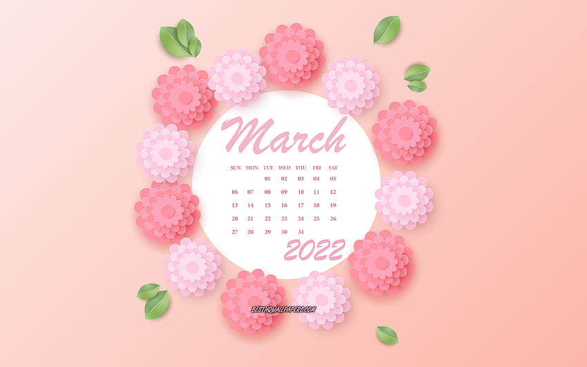 Calendrier de mars 2022, fleurs roses, mars, calendriers de printemps 2022, fleurs roses en papier 3d, calendrier de mars 2022 avec résolution 3840x2400. Haute Qualité, printemps 2022 Fond d'écran HD
