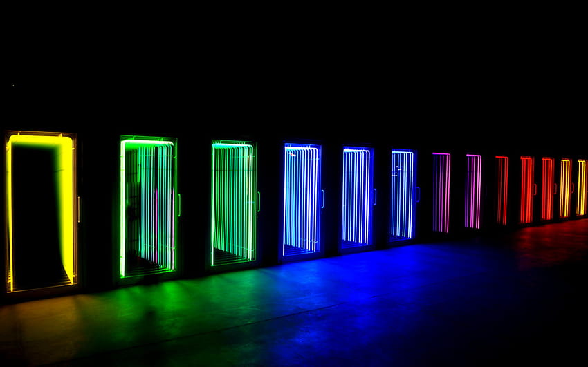 : lights, colorful, night, reflection, blue, rainbows, door, neon sign, light, color, lighting, shape, line, darkness, computer , font, display device, signage 1920x1200, colorful lights lines HD wallpaper