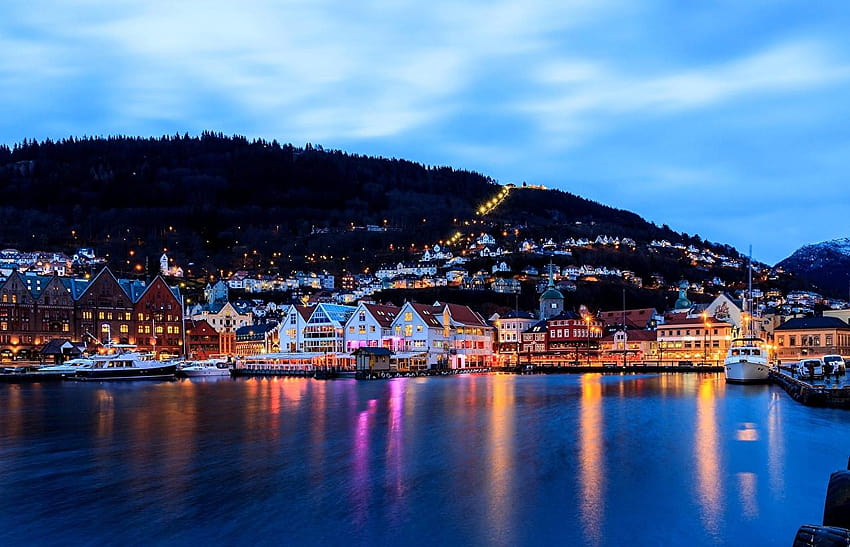 Norwegia Bergen Morze Niebo Przystanie Miasta Budynek Tapeta HD