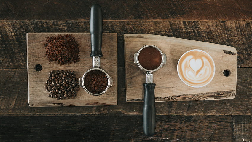 caffè, Chicchi di caffè, Latte, Latte art, Superficie in legno, Legno, Texture, Chicchi di caffè macinato / e Sfondi mobili Sfondo HD