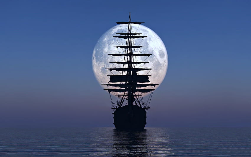 Ship boat yacht watercraft moon sky sea ocean, ship aesthetic HD wallpaper