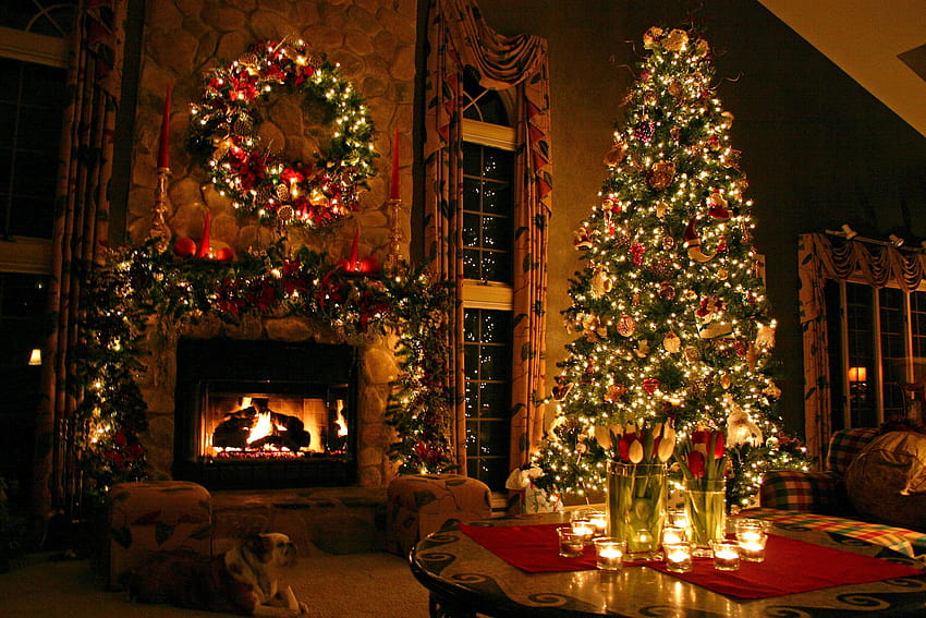A cozy scene with a beautiful Christmas tree, wreath, & fireplace., cozy rustic christmas HD wallpaper