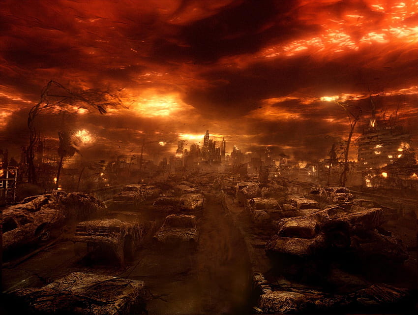 Hell, burning city background HD wallpaper