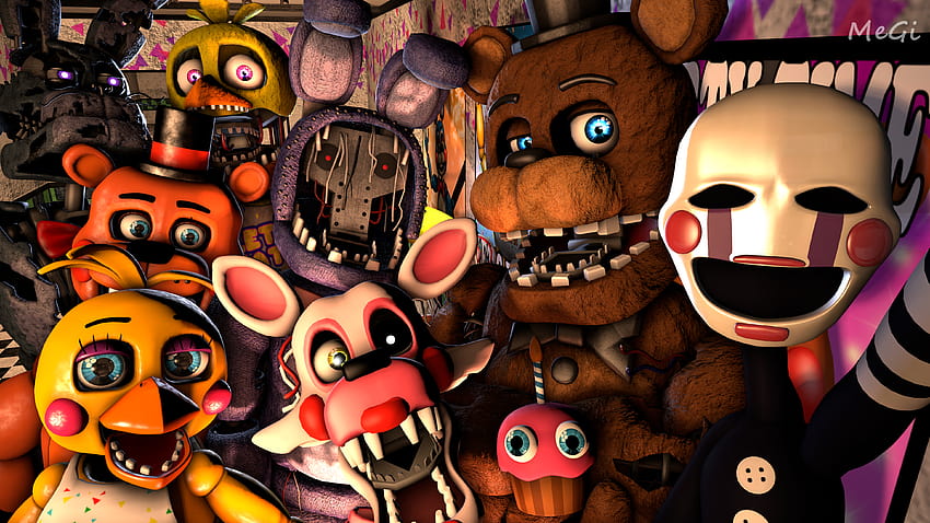 Solmuş Freddy, Solmuş Bonnie, Solmuş Chica, Toy Freddy, The Puppet, Me, Mangle, Carl ve Nightmare Bonnie!❤✌ HD duvar kağıdı