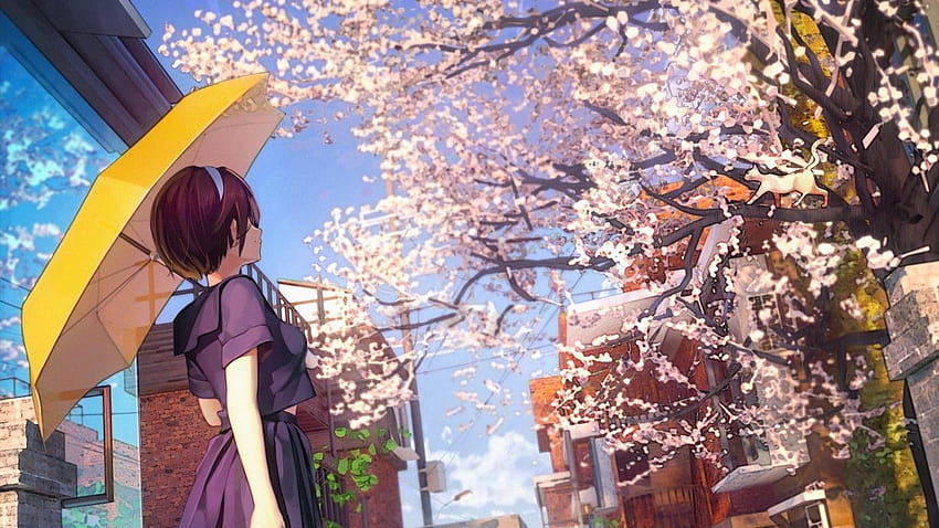 1366x768 Cherry Blossom, Sakura Petals, Anime School Girl, Primavera, Albero per laptop, Notebook, anime stagione primaverile Sfondo HD