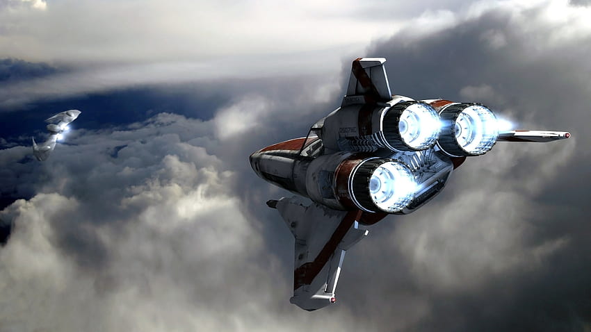 : digital art, sky, futuristic, vehicle, clouds, airplane, science fiction, spaceship, military aircraft, Battlestar Galactica, Cylons, air force, Flight, aviation, wing, screenshot, atmosphere of earth, fighter aircraft, aircraft engine, jet, futuristic aircraft HD wallpaper