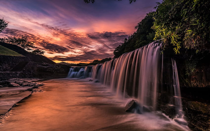 Black waterfall, evening, sunset, Japan, beautiful waterfall, lake, cascade with resolution 1920x1200. High Quality, lake cascade sunset HD wallpaper