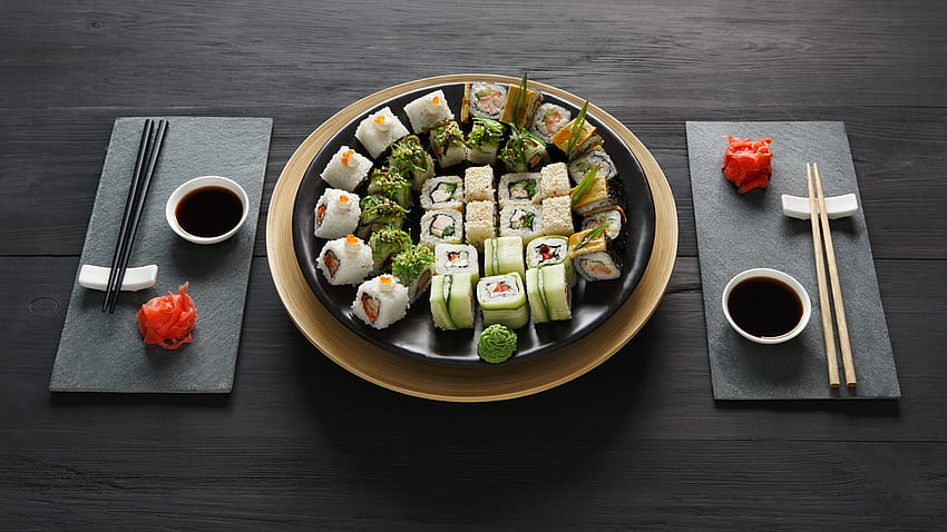 soya sauce Sushi Food Plate Chopsticks 2560x1440 HD wallpaper