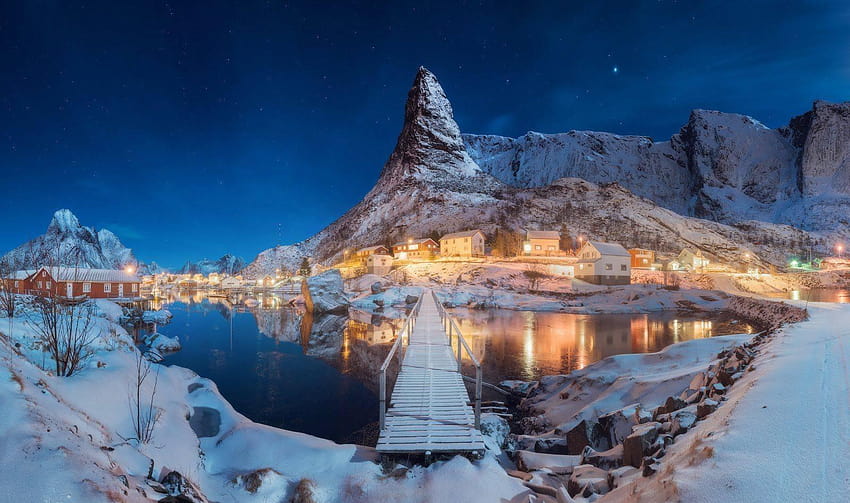 pemandangan alam musim dingin salju danau malam bukit norwegia lofoten, musim dingin norwegia Wallpaper HD