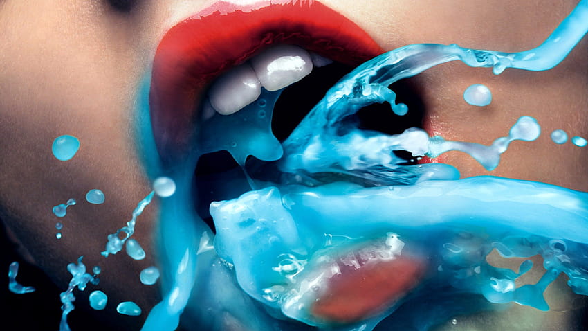 : digital art, women, red, artwork, blue, underwater, mouth, liquid, color, human body, organ 2560x1440, liquid colour HD wallpaper