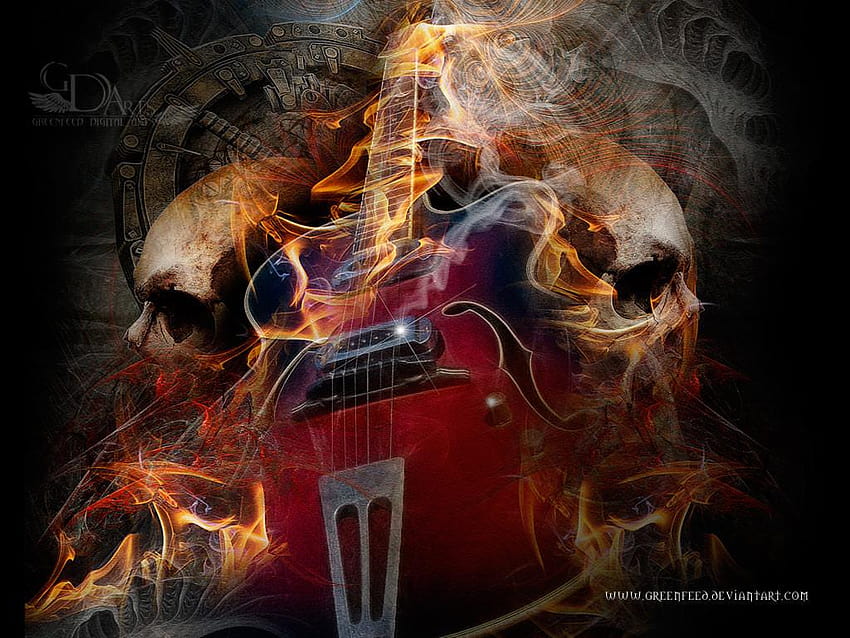 スカルの炎のギター、炎のスカル 高画質の壁紙