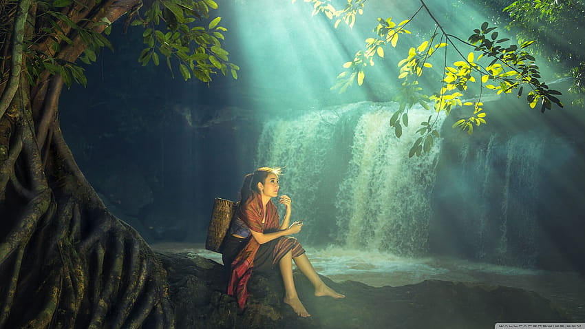 Beautiful Asian Girl, Rainforest, Waterfall Ultra HD wallpaper