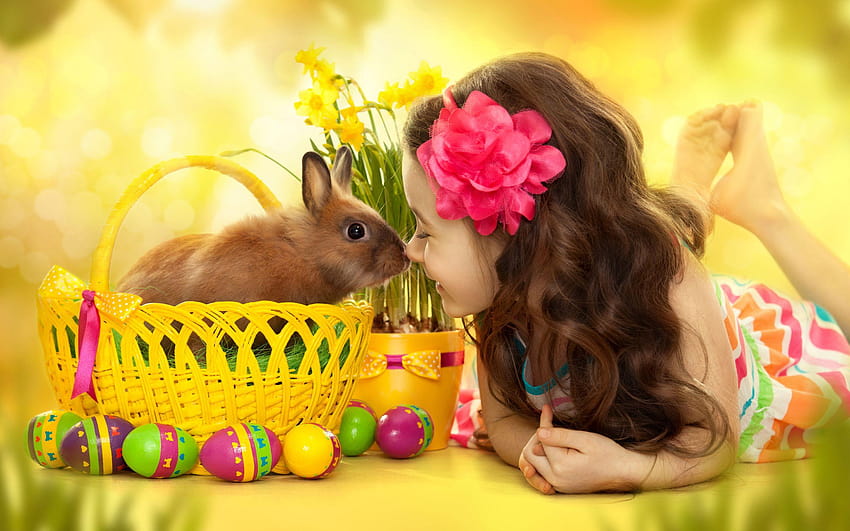Little Girl and Bunny, Easter Eggs and Daffodils , niñas pequeñas fondo ...