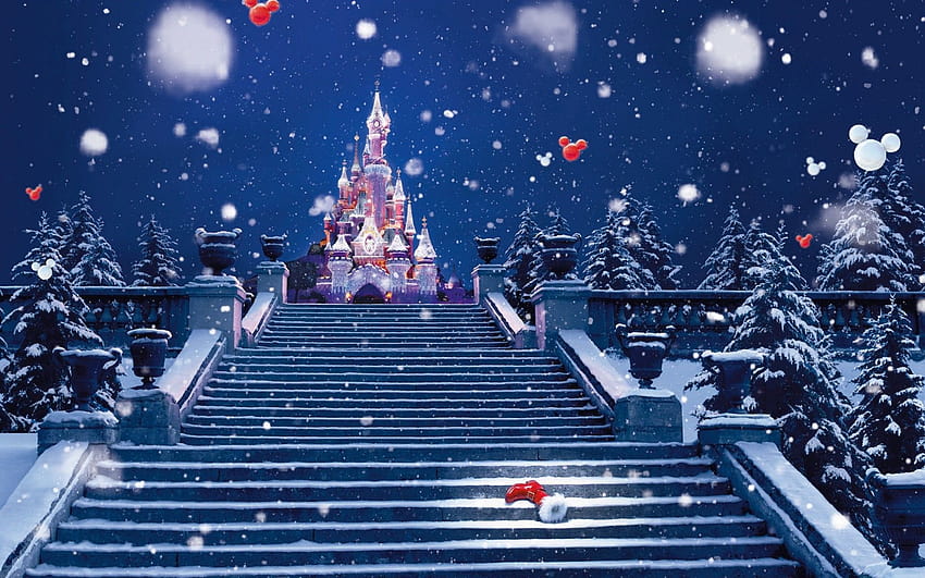 vacaciones navidad niños disney invierno nieve nevando copos gotas escaleras mágico castillo mickey, castillo disney navidad fondo de pantalla