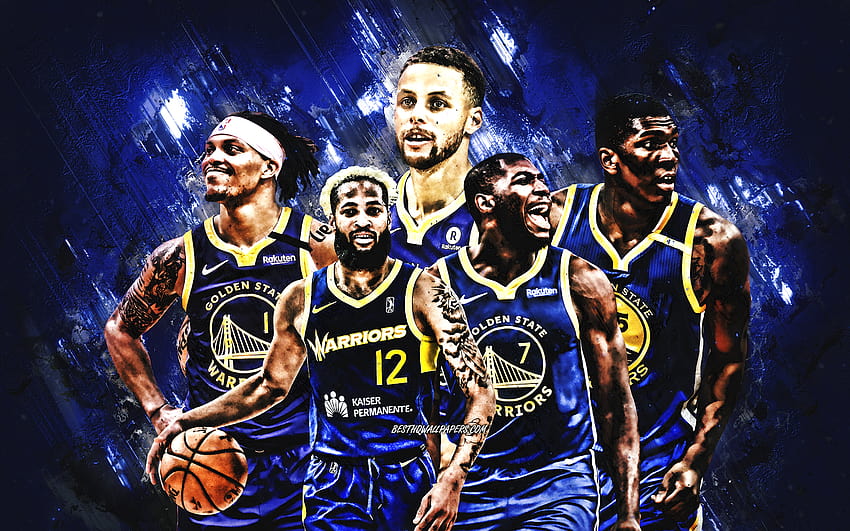 Golden State Warriors, американски баскетболен клуб, NBA, фон от син камък, баскетбол, САЩ, Stephen Curry, James Wiseman, Jordan Poole с резолюция 2880x1800. Високо качество HD тапет