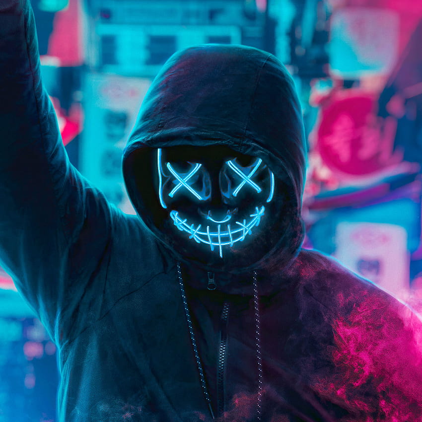 2932x2932 Mask Guy Neon Man with Smoke Bomb Ipad Pro Retina 디스플레이, 배경 및 멋진 마스크 HD 전화 배경 화면