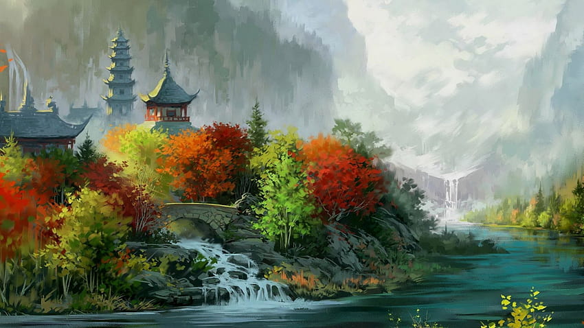 512055 1920x1080 произведение на изкуството дигитално изкуство азиатска архитектура къща кула природа пейзаж река мост водопад дървета гора долина планина падащи листа JPG 385 kB, есенно цифрово изкуство HD тапет