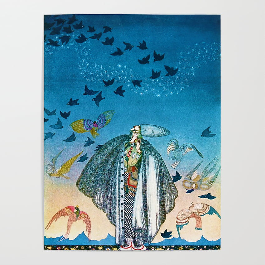 'Flock of Birds and Wild Flowers' magical realism portrait painting by Kay Nielsen Poster by Jeanpaul Ferro HD phone wallpaper