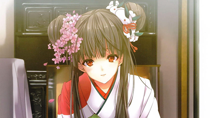 Meninas Anime cabelo preto rostos pétalas de flores enfeites de coque, coque de cabelo papel de parede HD
