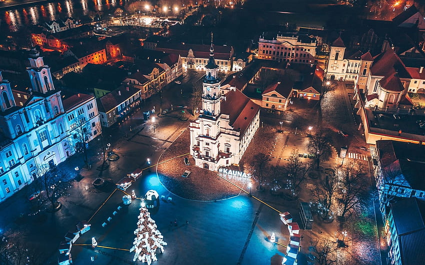 Lithuania, Kaunas, city night, lights, top view HD wallpaper
