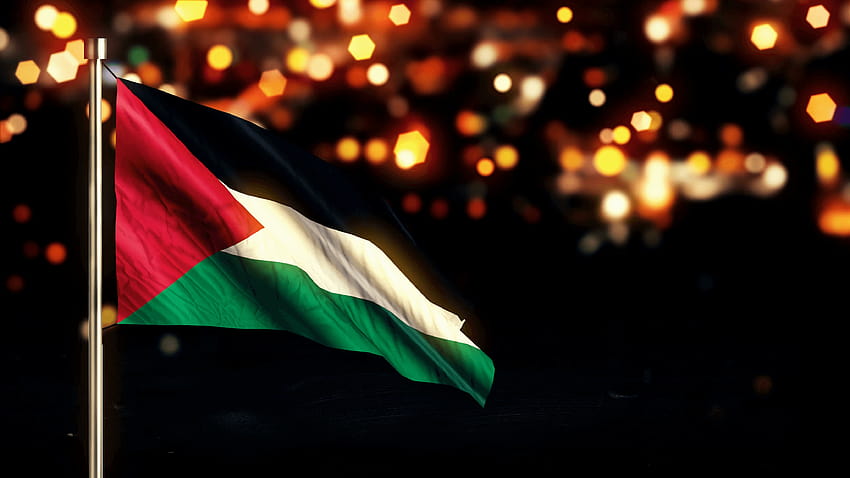 Bandeira Nacional da Palestina City Light Night Bokeh Loop Animation, fundo da bandeira da Palestina papel de parede HD