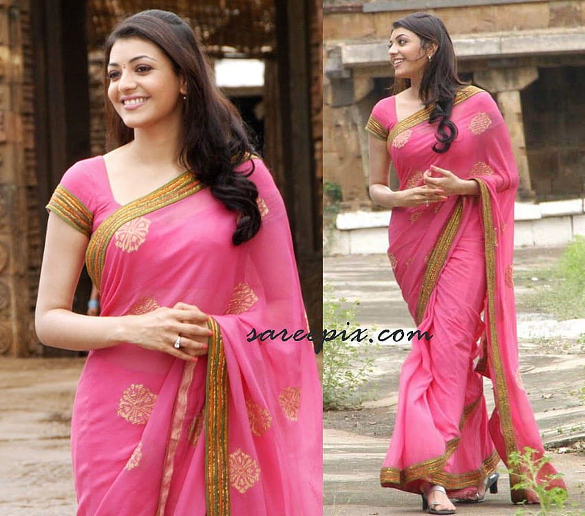 kajal agarwal in pink transparent designer saree from mr.perfect HD wallpaper
