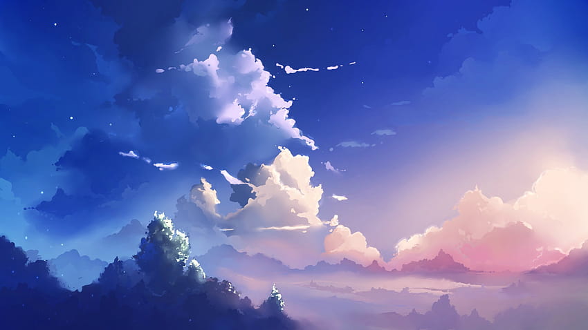 Blaues Kunstwerk 5 Zentimeter pro Sekunde Friedliche rosa Anime-Himmelswolken, rosa Himmelanime HD-Hintergrundbild