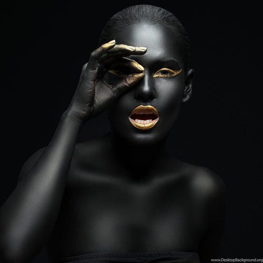 Model, Makijaż, Czarny, Złoty ...tła, czarne i złote kobiety Tapeta na telefon HD